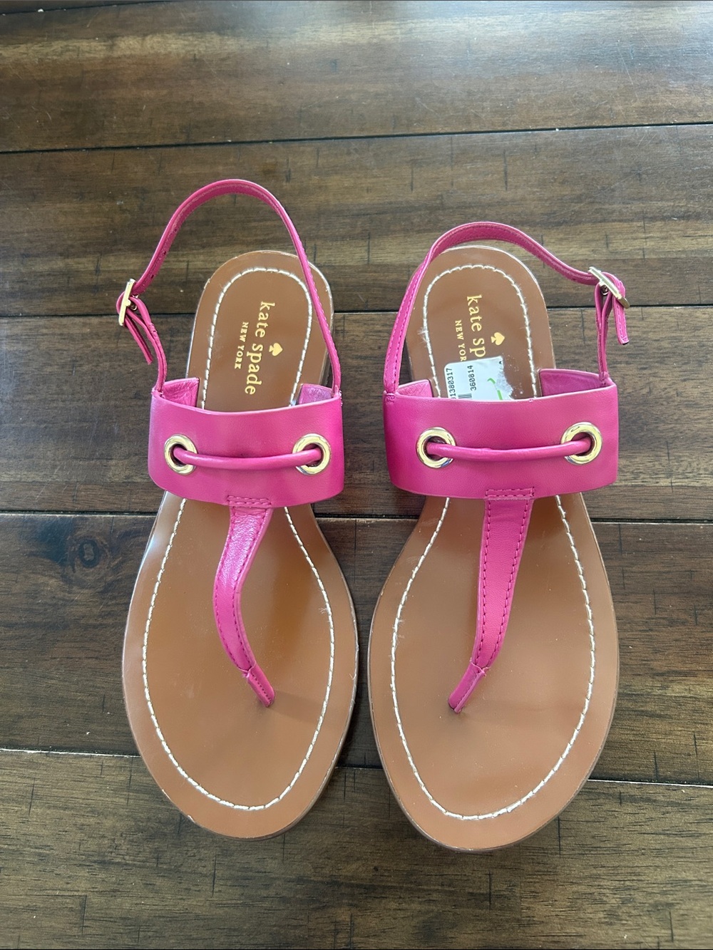 kate spade Hot Pink Leather T-Strap Sandals with Gold Eyelets